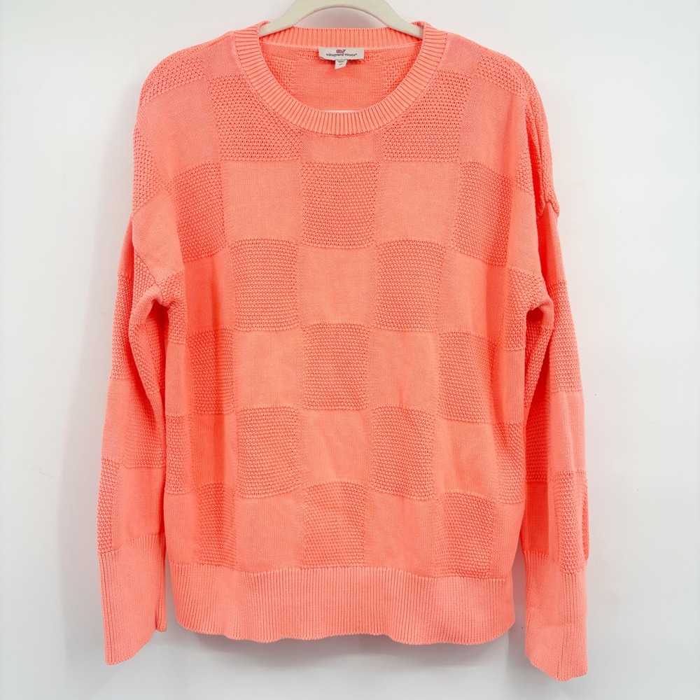 Vineyard Vines Mens Coral Textured Checkerboard Cotton Crewneck Preppy Sweater M